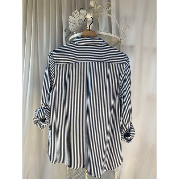 Velvet Heart Shirt Button Down Blue and White Stripe Roll Tab Sleeves Tencel Lg - Picture 3 of 10